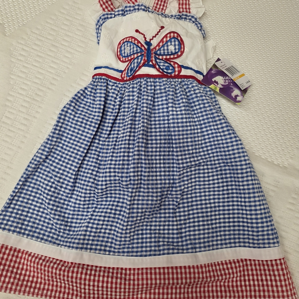 Blueberi Boulevard Blue White and Red Gingham Butterfly Dress